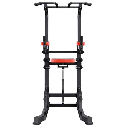 VEVOR Pull Up Bar, 330 LBS Power Tower Dip Station, Workout Dip Station with H-Shaped Stable Base & Assistance Platform, Adjustable 9 Level Height Pullup Stand for Back, 3-Level Adjustable Elbow Pads