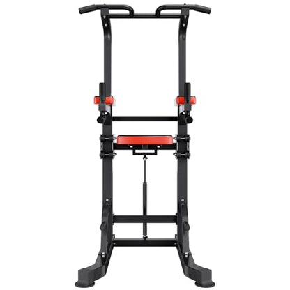 VEVOR Pull Up Bar, 330 LBS Power Tower Dip Station, Workout Dip Station with H-Shaped Stable Base & Assistance Platform, Adjustable 9 Level Height Pullup Stand for Back, 3-Level Adjustable Elbow Pads