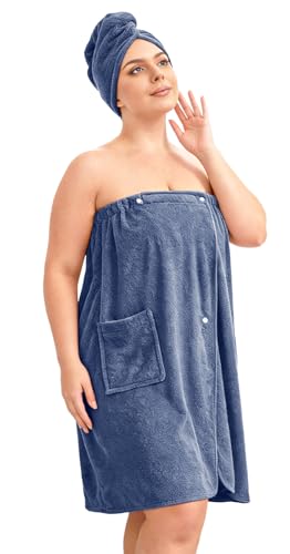 Women’s Plus Size Towel Wrap with Hair Towel (2XL-4XL), Oversized Shower Body Wrap Bathrobe, Soft Quick-Dry Hair Drying Towel for Spa Use Blue - color: Blue, size: 2XL-4XL