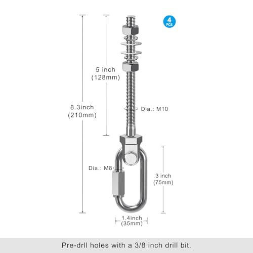 Dolibest Heavy Duty Swing Hanger, 304 Stainless Steel Swing Bolts w/Quick-Connect Carabiner, Swing Hook w/Dual-Screw Locking for Hammock, Yoga Swing, Porch Swing for Wood/Metal Beam-(M10X5'')-1500LB - color: M10X5''-4PCS