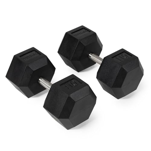 Titan Fitness Free Weights, Rubber Coated Hex Dumbbell, Straight Stainless Steel Handle, Strength Training, Full Body Workout - style: 110 pound Pair