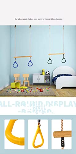 HUAWELL Wooden Trapeze with Plastic Gym Rings - Outdoor N Indoor Playground 2 in 1 Swing Set Accessories for Kids (Blue)