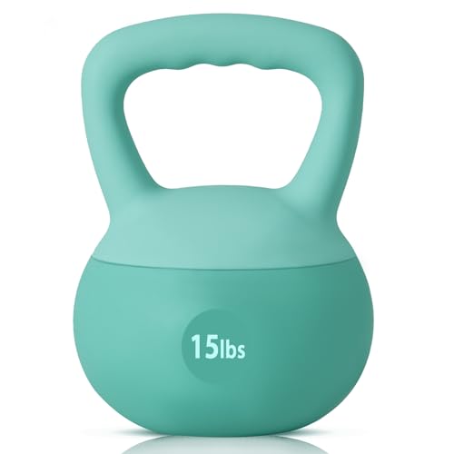 SogesPower Soft Kettlebells, Iron Sand Filled Strength Training Weights, Shock-Proof with Wide-Grip Handle, Fitness Kettlebells for Home Gym - color: 15LBS-Mint Green