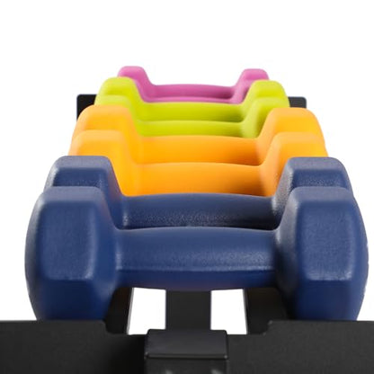 146 Pound Neoprene Coated Non Slip Dumbbells with Rack for Strength Training, Includes 3, 5, 8, 10, 12, 15, & 20 Pound Sets, Multicolor