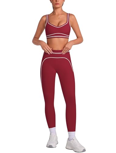 ABOCIW Women 2 Piece Workout Sets Color Block Sports Bra High Waist Tummy Control Leggings Gym Yoga Pilates Outfits