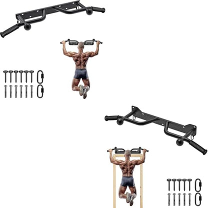 SELEWARE Heavy Duty Wall Mounted Pull Up Bar - Fully Welded Multifunctional Chin Up Bar with Ball Finger Training & Accessory Hooks, 600LB Capacity for Support Beam/Joist/Doorway
