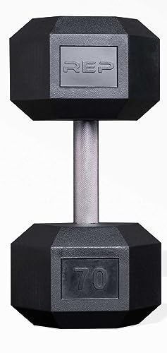 Rep Fitness Rubber Hex Dumbbell(s) - Singles (55LB +) and Pairs (5LB - 50LB) - Low Odor, Fully Knurled Handle - style: 70 LB SINGLE DB
