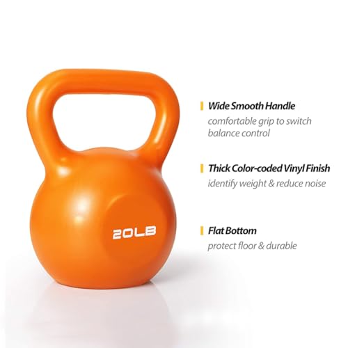 Vinyl Coated Kettlebell 20 lbs, Orange, Wide Smooth Handle, Flat Bottom, Strength Training for Home Gym Workout