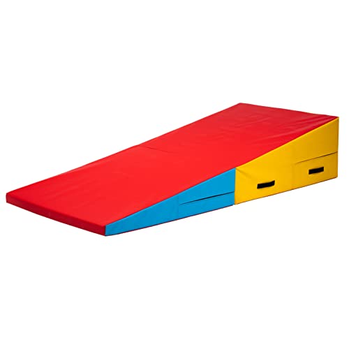 PRISP Folding Incline Gym Mat - Extra Long 71 x 28 x 14 in Wedge Gymnastics Tumbling Mat for Kids - color: Red; Yellow; Blue