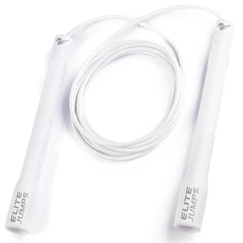 Elite Jumps Fit Plus Pro Freestyle PVC, 4mm Cord Skipping Rope, Cardio, Adjustable 10ft Length with 8" Reinforced Handles, Non-Slip Grip for Gym Workout, School Sport, Beginner Use - color: No grip tape - White