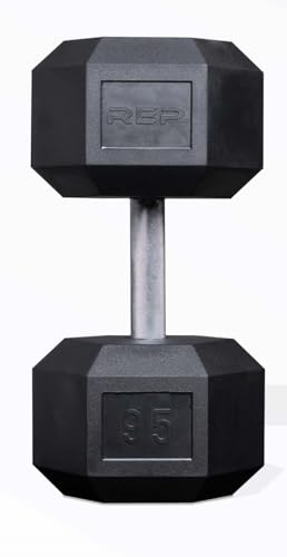 Rep Fitness Rubber Hex Dumbbell(s) - Singles (55LB +) and Pairs (5LB - 50LB) - Low Odor, Fully Knurled Handle - style: 95 LB SINGLE DB