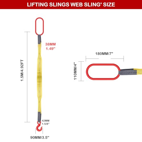 Lifting Slings Web Sling, 4.92 Ft Lifting Sling Straps Heavy Duty Single Leg Wire Rope, 6600lbs Polyester Lifting Sling with G80 Steel Hook - size: 4.92FT