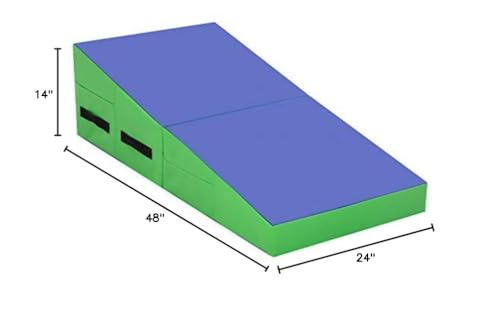 HHS Folding Gymnastics Cheese Wedge Mat - 48x24x14 inch, Gymnastics Mat Non-Slip PVC Surface, Zipper Seal Design for Kids & Adults - Blue