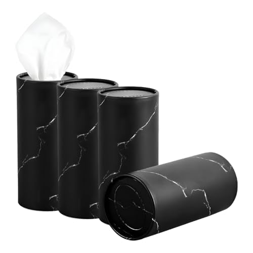 4PCS Car Tissue Holder, Car Cup Holder Convenient Travel Tissue Tube Box with Facial Tissues, Portable Round Tissues Holder Paper Towel Cylinder for Car Home Office (Marble Black)