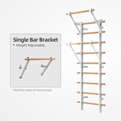 DHT Wood Stall Bar, Swedish Ladder Suspension Trainer with 9 Strategic Rods, for Home, Gym, School and Clinics, White