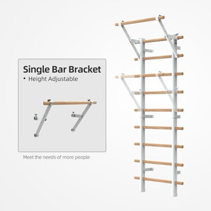 DHT Wood Stall Bar, Swedish Ladder Suspension Trainer with 9 Strategic Rods, for Home, Gym, School and Clinics, White