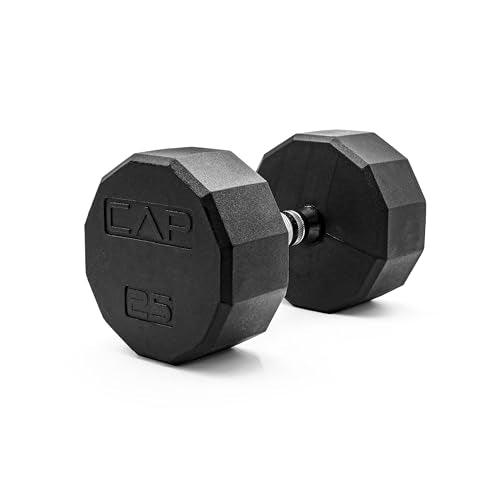 CAP Rubber Coated Dumbbell Weights, Free Weights for Home Gym Strength Training, Anti-Roll Hex Dumbbells with Black, Chrome & Comfort Grip Handles, Singles - size: 25 lb, style: 12-Sided - Chrome Handle