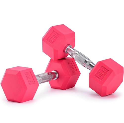 Portzon Weights Dumbbells Pink Colors Compatible with Set of 2 Neoprene/Rubber Dumbbells,1-15 LB, Anti-Slip, Anti-roll, Hex Shape - style: 10-Pounds,Pair