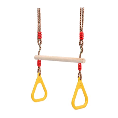 Trapeze Swing Bar Wooden Hanging Hoop Gymnastic Swing Rings with Adjustable Straps Yellow Trapeze for Kids