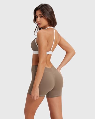 MOOSLOVER Women 2 Piece Workout Sets Layered Halter Sport Bra V Back Gym Shorts Yoga Outfits
