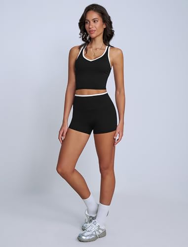 ABOCIW Workout Sets for Women 2 Piece Color Block V Neck Racerback Tank Top Built in Bra High Waist Shorts