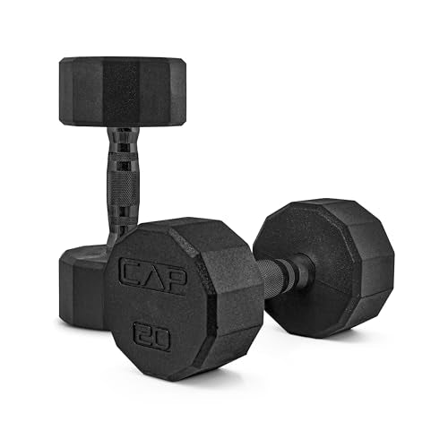 CAP Rubber Coated Dumbbell Weights, Free Weights for Home Gym Strength Training, Anti-Roll Hex Dumbbells with Black, Chrome & Comfort Grip Handles, Pairs & Sets - size: 20 lb - Pair, style: 12-Sided - Black Handle