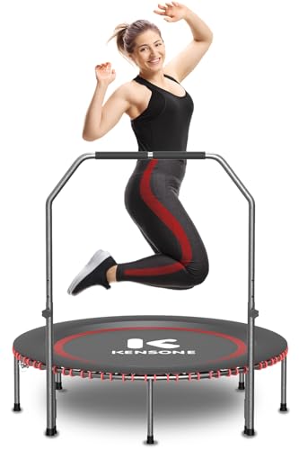 40/48" Low-Impact Rebounder Trampoline for Adults with Bungee, 450/550LBS Quiet Mini Exercise Trampoline with Adjustable U/T-Shaped Foam Handle Bar, Fitness Equipment for Indoor/Gym Workout - size: 48 inch, style: U-Bar
