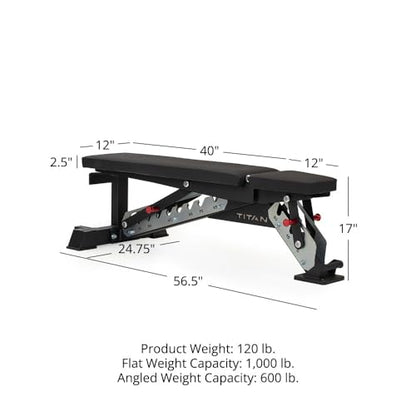 Titan Fitness TITAN Series Adjustable Bench, Supports 600 LB Incline, 1,000 LB Flat, Versatile Single Post Utility Workout Bench for Home Gym, Weightlifting, Strength Training