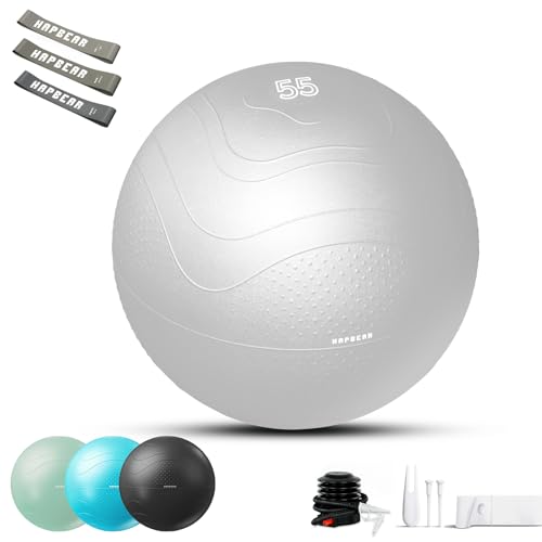 HAPBEAR Exercise Ball (22''/26''/30'') - Anti-Burst Slip-Resistant Yoga/Pilates Ball for Core Training & Posture Improvement, Home Gym/Rehab/Pregnancy Ball, Quick Pump & 3 Resistance Bands Included - color: Grey, size: M (19-22IN / 48-55cm)
