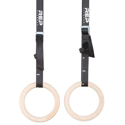 REP Fitness Wood Gymnastic Rings with Numbered Heavy Duty Adjustable Straps - Perfect for Cross-Training Workouts, Gymnastics and Conditioning - size: 1.11", style: 14' Straps