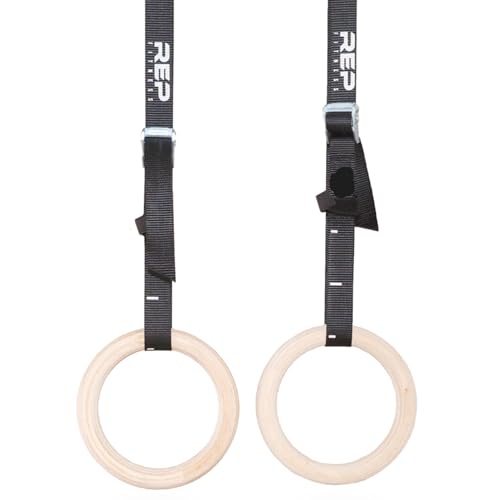 REP Fitness Wood Gymnastic Rings with Numbered Heavy Duty Adjustable Straps - Perfect for Cross-Training Workouts, Gymnastics and Conditioning - size: 1.11", style: 14' Straps
