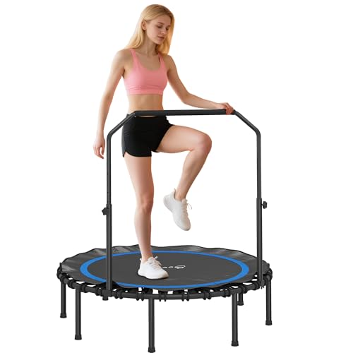 Soozier 45"/48" Rebounder Trampoline for Adults, 440lbs Foldable Mini Trampoline with Adjustable Handle, Quiet and Safe Bungee Rebounder Jumping Cardio Trainer for Indoor Outdoor Fitness Workout - color: Blue, size: 48"