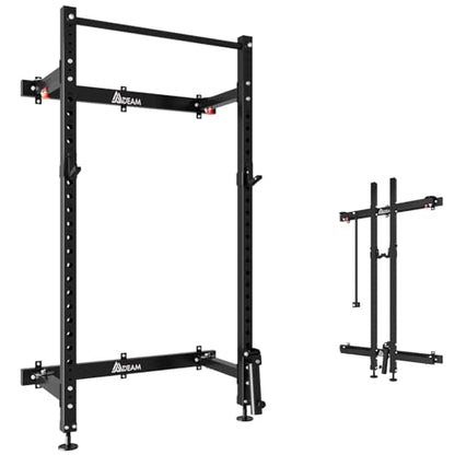 Folding Squat Rack, 2.36"x2.36" Steel Wall Mounted Power Rack for Home Gym Space-Saving Foldable Squat Cage 1000LBS Capacity with Pull Up Bar/J-Hooks/Landmine