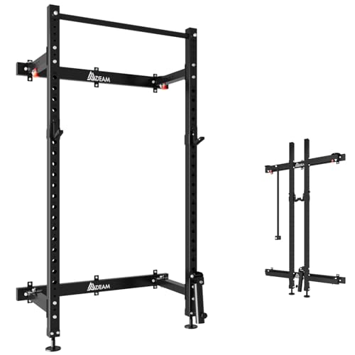 Folding Squat Rack, 2.36"x2.36" Steel Wall Mounted Power Rack for Home Gym Space-Saving Foldable Squat Cage 1000LBS Capacity with Pull Up Bar/J-Hooks/Landmine