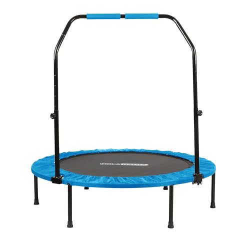 Portable Foldable Mini Trampoline Fitness Rebounder with 5 Level Adjustable Handle, Supports up to 440 Pounds, 48-Inch, Blue