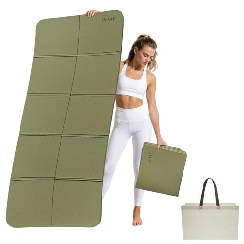 LVME Foldable Yoga Mat for Travel – 75"x31.5" | Large POE Exercise Mat with Storage Pouch,Fits Suitcase & Backpack,Ultra-Portable,6mm Non-Slip for Yoga,Pilates,Outdoor
