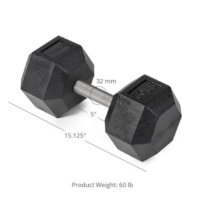 Titan Fitness 60 LB Pair Free Weights, Black Rubber Coated Hex Dumbbell, Straight Stainless Steel Handle, Strength Training, Full Body Workout
