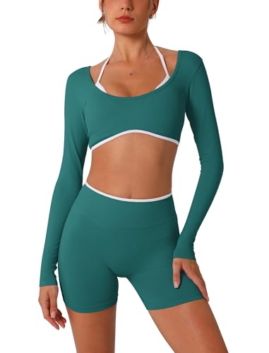 ABOCIW Workout Sets for Women 2 Piece Seamless Color Block Long Sleeve Crop Top Scrunch Butt High Waist Shorts Gym Set - color: Green, size: Large