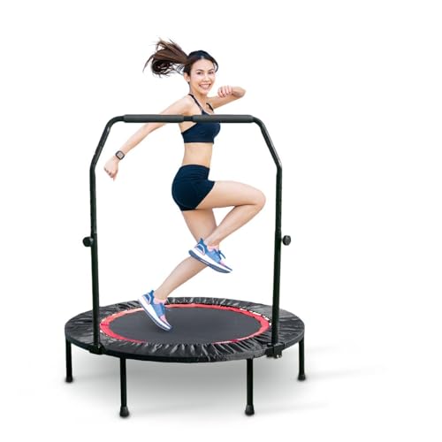 40 Inch Foldable Mini Tranpoline with Handle Bar, Indoor Exercise Rebounder Tranpoline for Adults Fitness, 4 Level Height Adjustable, Compact Storage Design, Max Load 300LBS