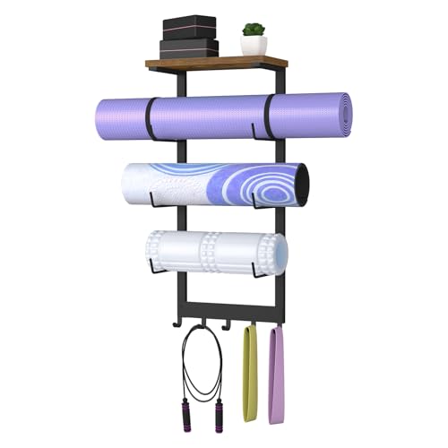 Yoga Mat Holder Wall Mount, Yoga Mats Storage Rack, Home Gym Wall Organizer Holder with Wood Floating Shelf and 5 Hooks, Storage Rack for Hanging Foam Roller/Band/Workout Equipment