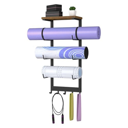 Yoga Mat Holder Wall Mount, Yoga Mats Storage Rack, Home Gym Wall Organizer Holder with Wood Floating Shelf and 5 Hooks, Storage Rack for Hanging Foam Roller/Band/Workout Equipment