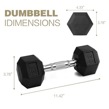 12LB Dumbbell Set (Pair), Rubber Coated Hex Dumbbells with Contoured Chrome Handle, Anti-Roll Free Weights for Home Gym Strength Training