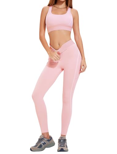 Women's 2 Piece Workout Sets Athletic Yoga Outfits with High Waist Tummy Control Tops and Leggings for Gym Running