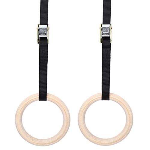 Topyond Wood Gymnastic Rings with Adjustable Straps, Olympic Rings 25mm for Gym, Workout, Exercise, Outdoor Training, Quick Install Carabiner, Can Hold up to 220lbs, 14.8 Ft. Strap