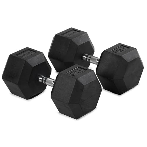 Titan Fitness Pair Rubber Coated Hex Dumbbells, Roll-Resistant Hexagonal Free Weights, Chrome-Coated Handles with Knurling, Strength Training Equipment - style: 95 lb, Pair