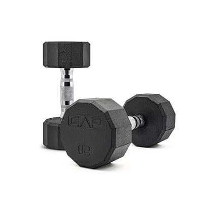 CAP Rubber Coated Dumbbell Weights, Free Weights for Home Gym Strength Training, Anti-Roll Hex Dumbbells with Black, Chrome & Comfort Grip Handles, Pairs & Sets - size: 12 lb - Pair, style: 12-Sided - Chrome Handle