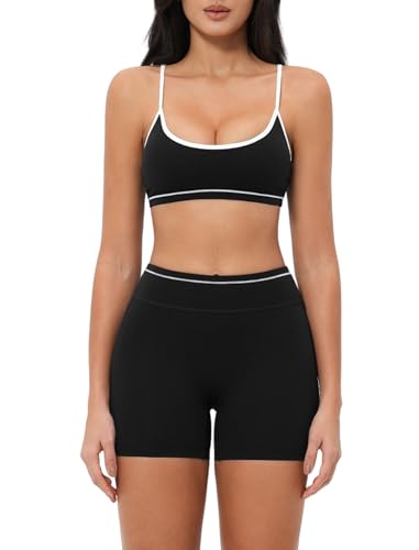 Two Piece Workout Sets for Women Color Block Strappy Sports Bra and High Waist Shorts Gym Yoga Active Wear Outfits - color: Black, size: Small