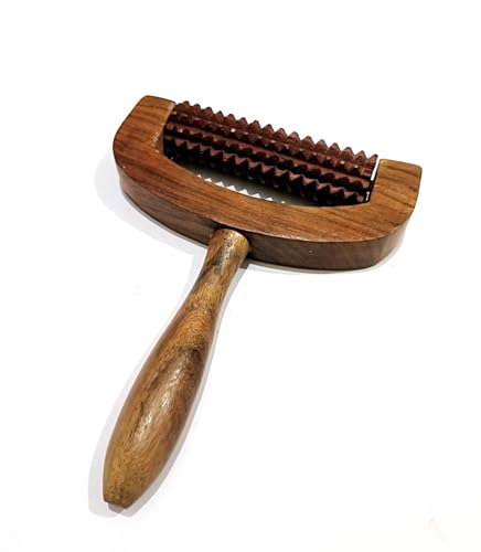 Wooden Roller Massager with Handle, Spiked Acupressure Roller, Natural Wood, Body Massage Tool