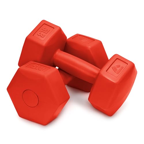 RBX Vinyl Coated Hand Weight Dumbbell Set - Hex Shaped, Roll Free for Body Building/Sculpting/Strength Training Exercise, (Set of 2) - color: Red, size: 5lb
