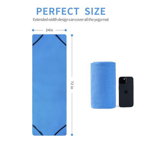Microfiber Hot Yoga Towel Mat, 24 x 72 inches, with Non-Slip Silicone Grip, Secure Fit Elastic Straps (Blue)